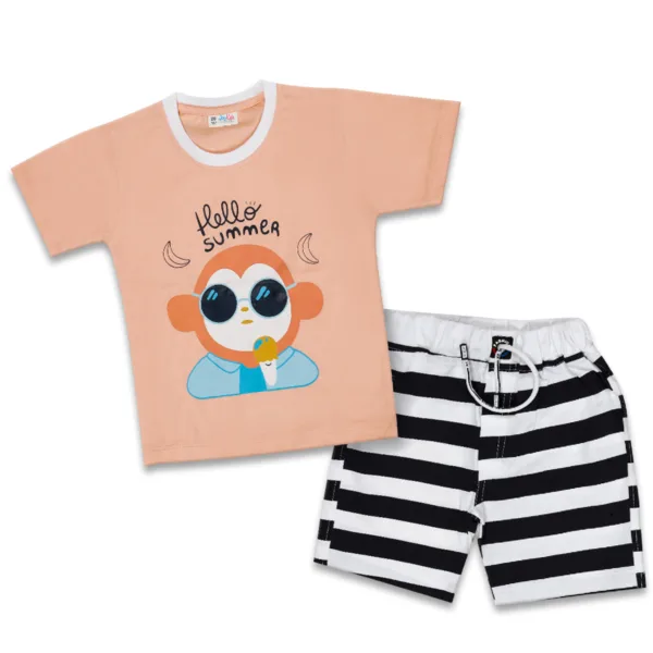 JOY KIDS Baby Boy Two-Piece Set – Knit Top with Chest Print & Stripe Printed Pant, Top.