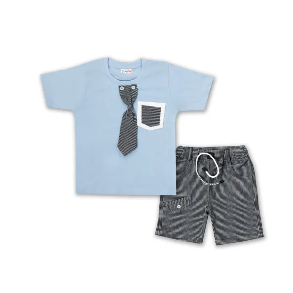 JOY KIDS  Baby Boy Two-Piece Set – Knit Top with Denim Stripe Tie & Pocket