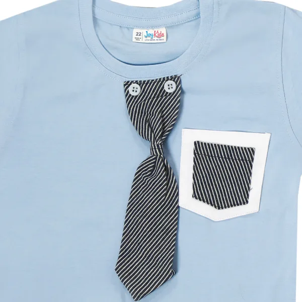 JOY KIDS  Baby Boy Two-Piece Set – Knit Top with Denim Stripe Tie & Pocket