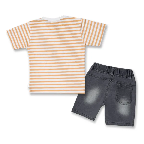 JOY KIDS Baby Boy Two-Piece Set – Knit Top with Chest Print & Mandarin Collar, Grey Denim Bottom, Top Light Green & Orange with Bottom Grey Denim