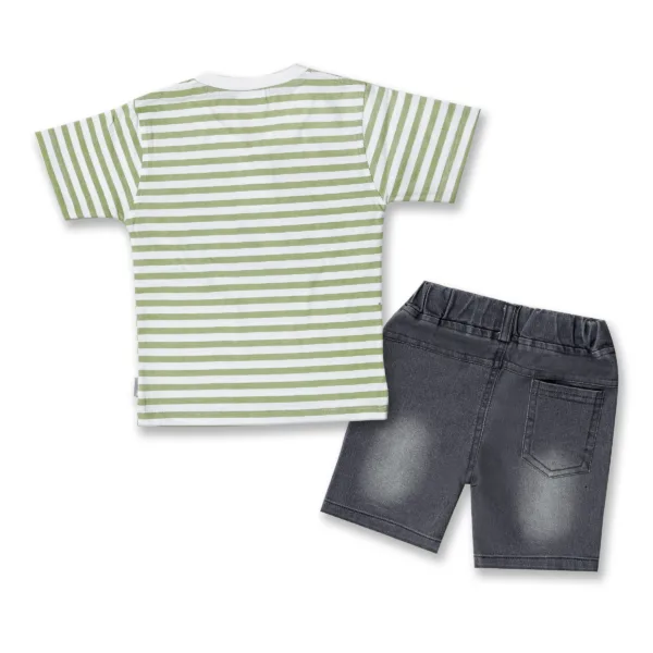 JOY KIDS Baby Boy Two-Piece Set – Knit Top with Chest Print & Mandarin Collar, Grey Denim Bottom, Top Light Green & Orange with Bottom Grey Denim