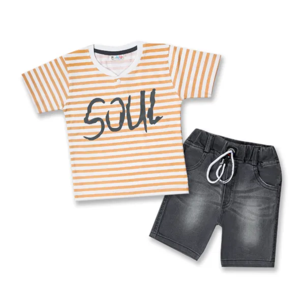 JOY KIDS Baby Boy Two-Piece Set – Knit Top with Chest Print & Mandarin Collar, Grey Denim Bottom, Top Light Green & Orange with Bottom Grey Denim