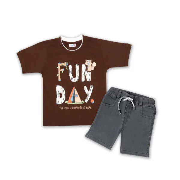JOY KIDS Baby Boy Two-Piece Set – Knit Top with Chest Embroidery & Stretchable Lycra Denim Bottom