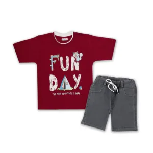 JOY KIDS Baby Boy Two-Piece Set – Knit Top with Chest Embroidery & Stretchable Lycra Denim Bottom