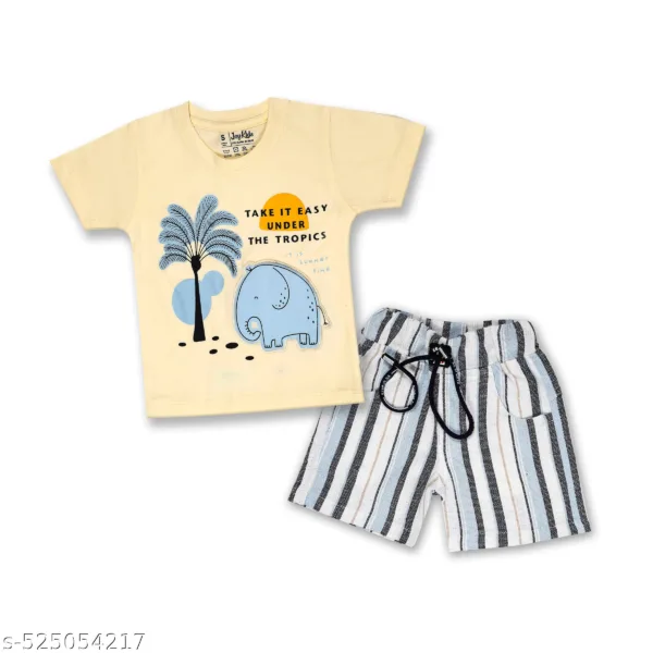 JOY KIDS Baby Boy Two-Piece Set – Knit Top with Chest Print & Applique, Multicoloured Stripe Bottom, Blue & Clay Print, 1-2 Year Olds