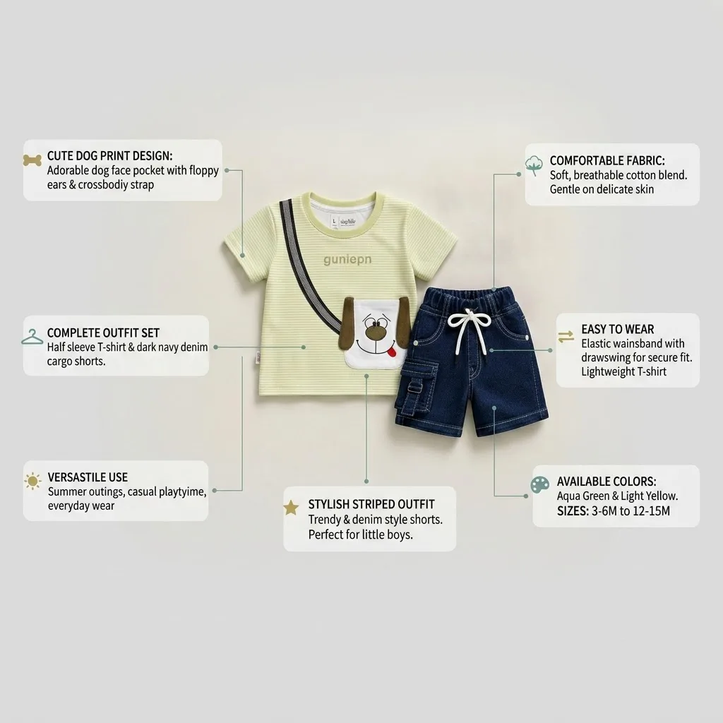 Joy Kids Baby Boys Striped T-Shirt and Denim Shorts Set, Cute Dog Print Pocket, Cotton Blend, Summer Casual Outfit