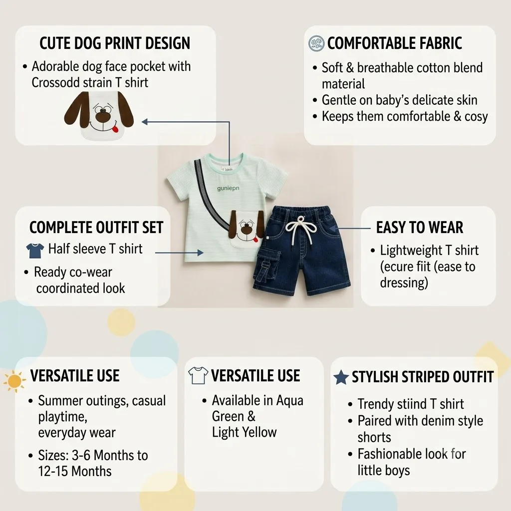 Joy Kids Baby Boys Striped T-Shirt and Denim Shorts Set, Cute Dog Print Pocket, Cotton Blend, Summer Casual Outfit