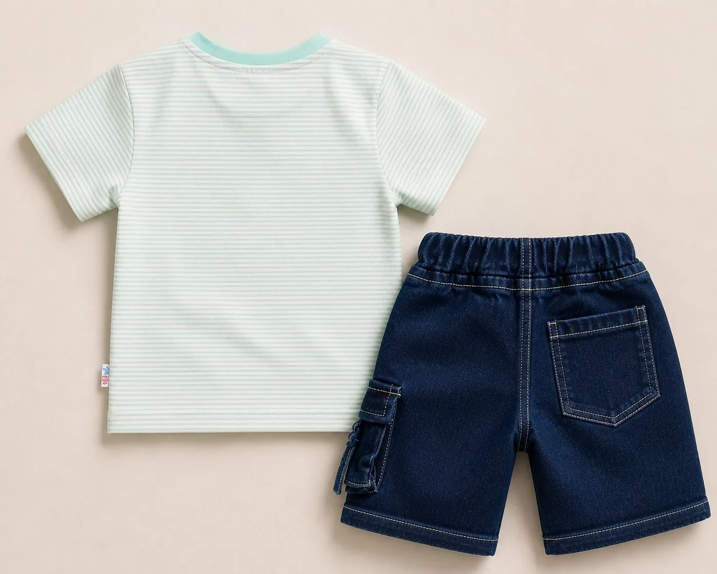 Joy Kids Baby Boys Striped T-Shirt and Denim Shorts Set, Cute Dog Print Pocket, Cotton Blend, Summer Casual Outfit