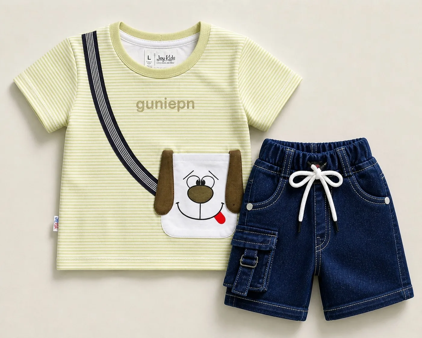 Joy Kids Baby Boys Striped T-Shirt and Denim Shorts Set, Cute Dog Print Pocket, Cotton Blend, Summer Casual Outfit