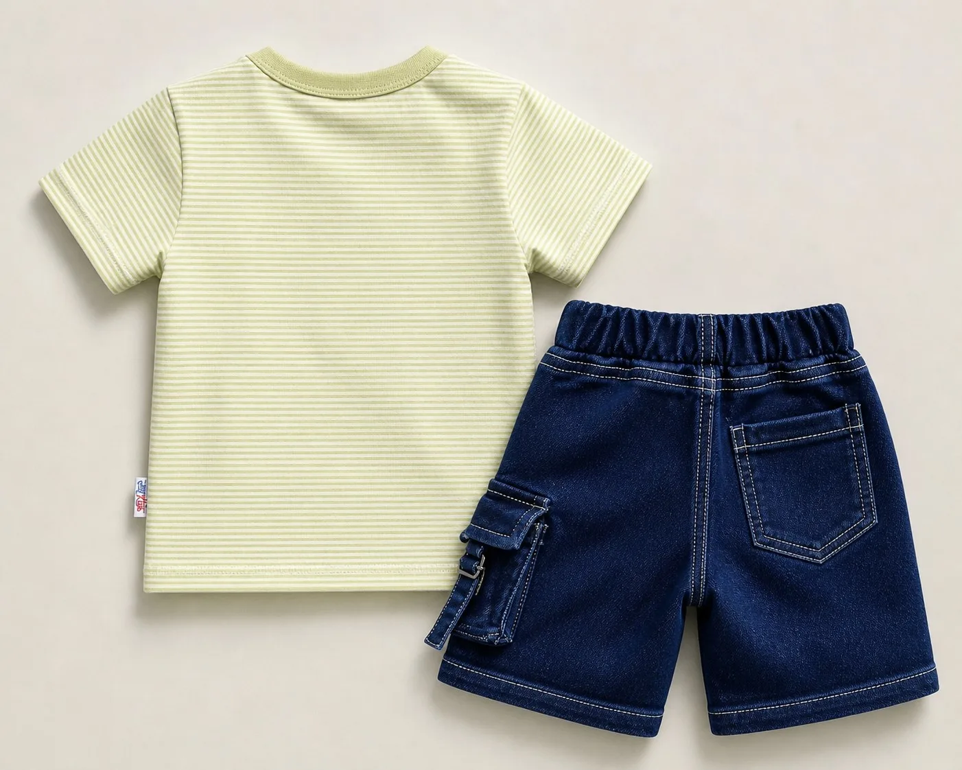 Joy Kids Baby Boys Striped T-Shirt and Denim Shorts Set, Cute Dog Print Pocket, Cotton Blend, Summer Casual Outfit