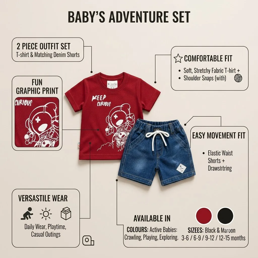 Joy Kids Baby Boys 'Keep Curious' Graphic T-Shirt and Denim Shorts Set, Casual Wear, 2-Piece Outfit