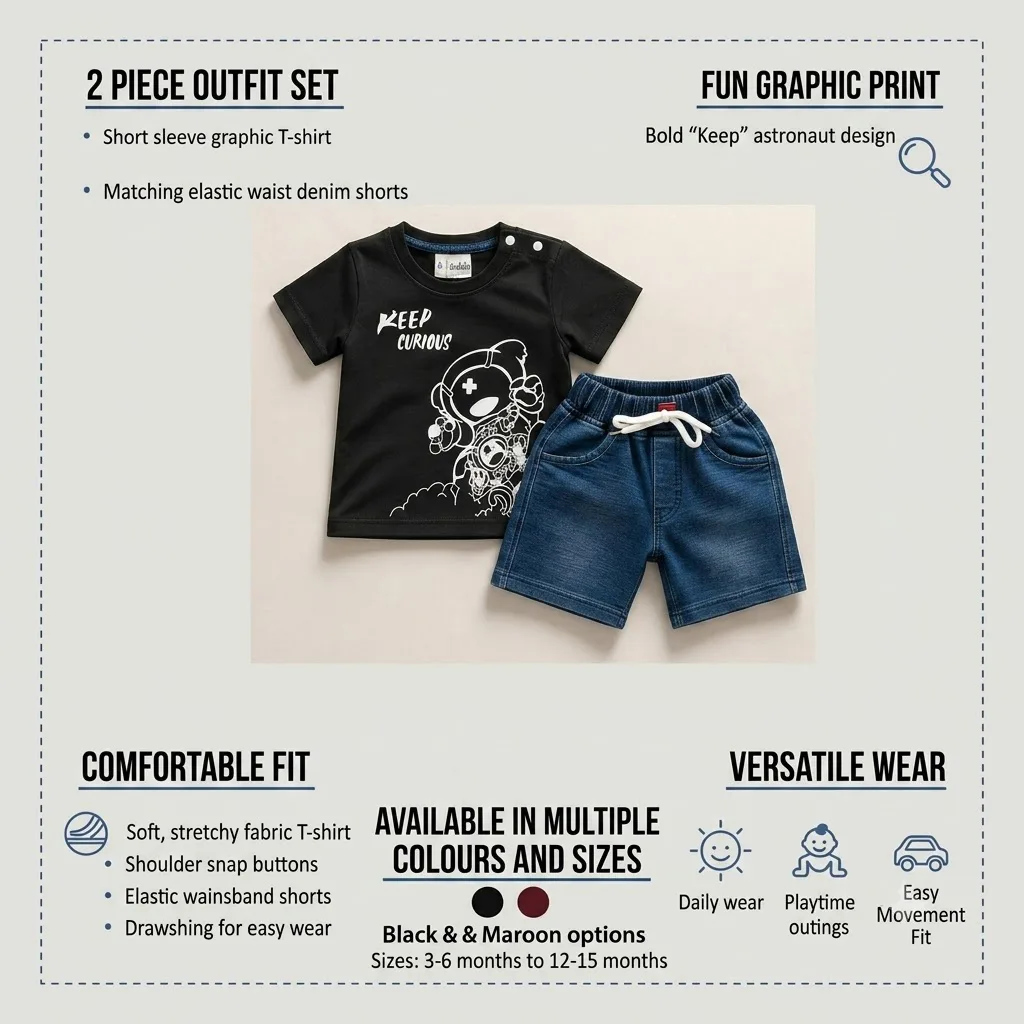 Joy Kids Baby Boys 'Keep Curious' Graphic T-Shirt and Denim Shorts Set, Casual Wear, 2-Piece Outfit