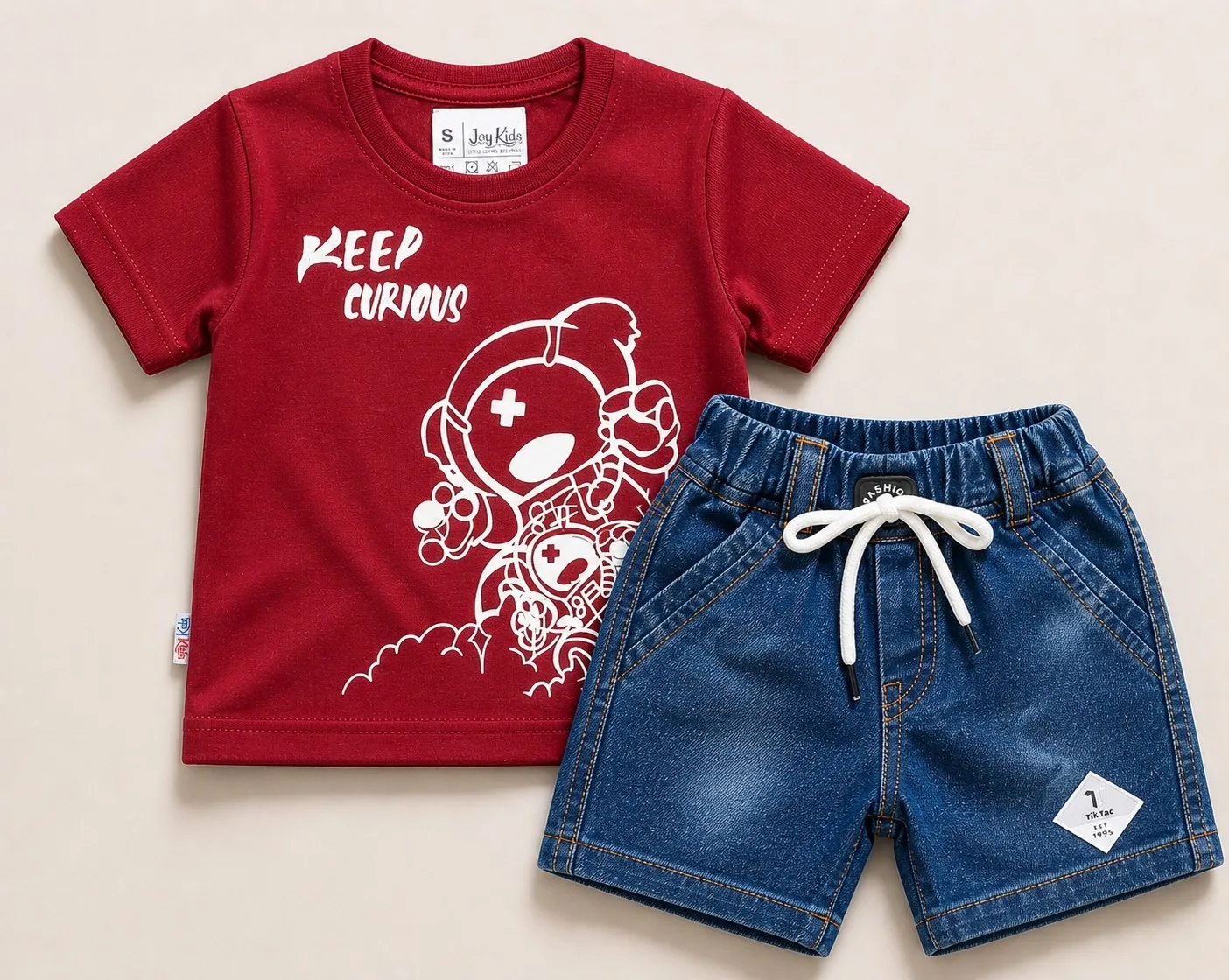 Joy Kids Baby Boys 'Keep Curious' Graphic T-Shirt and Denim Shorts Set, Casual Wear, 2-Piece Outfit