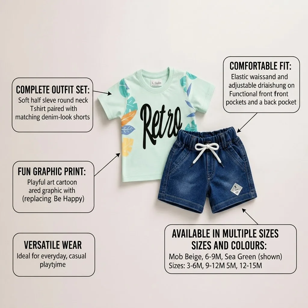 Joy Kids Baby Girls Retro Print T-Shirt and Denim Shorts Set, Lilac/Sea Green, 2-Piece Summer Outfit