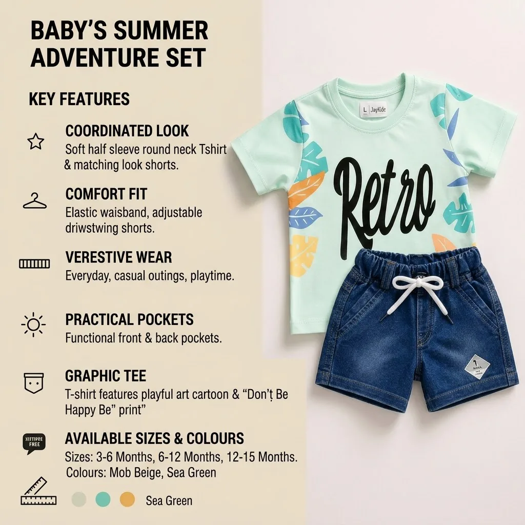 Joy Kids Baby Girls Retro Print T-Shirt and Denim Shorts Set, Lilac/Sea Green, 2-Piece Summer Outfit