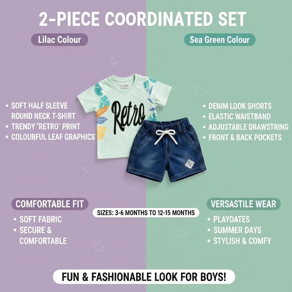 Joy Kids Baby Girls Retro Print T-Shirt and Denim Shorts Set, Lilac/Sea Green, 2-Piece Summer Outfit