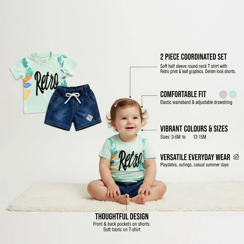 Joy Kids Baby Girls Retro Print T-Shirt and Denim Shorts Set, Lilac/Sea Green, 2-Piece Summer Outfit