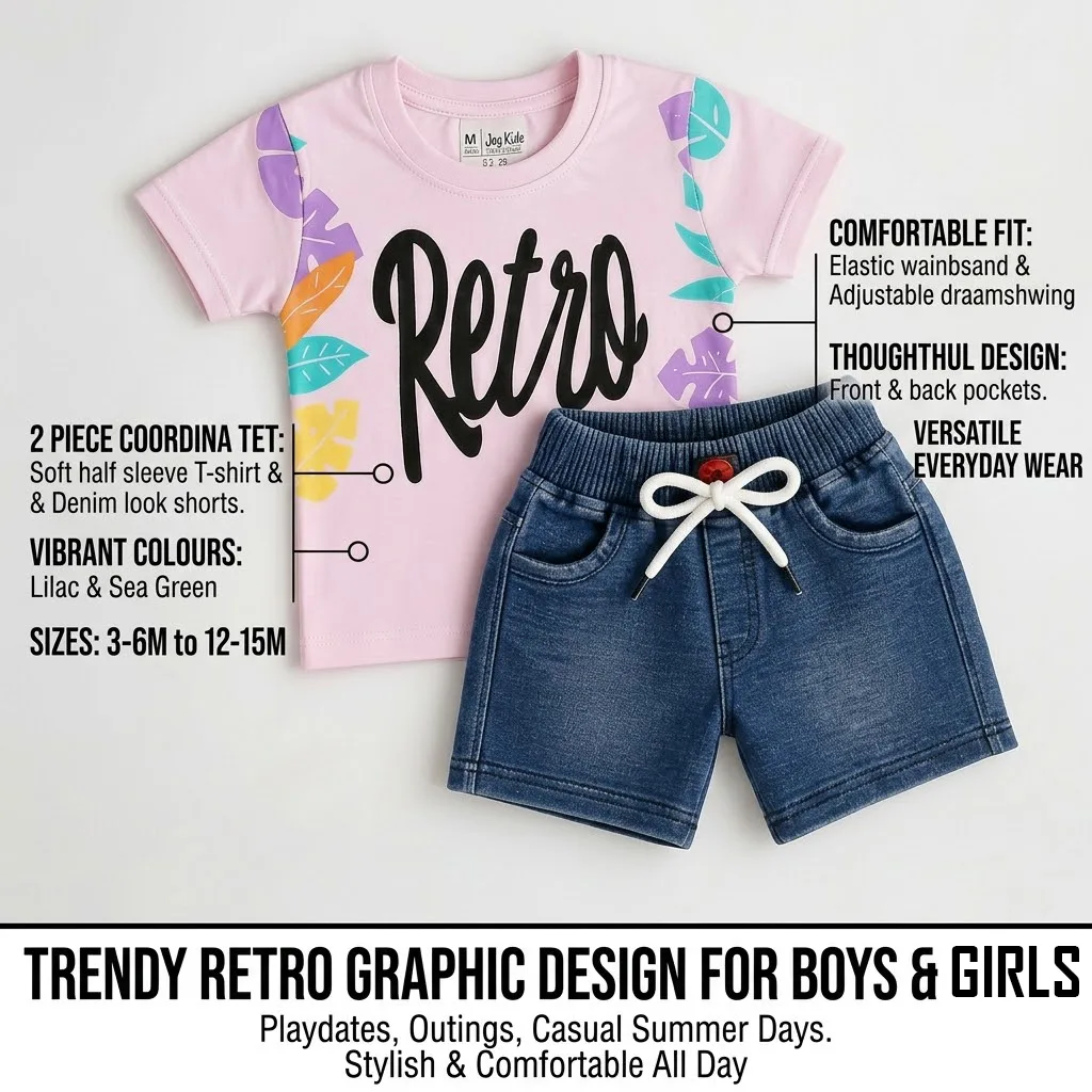 Joy Kids Baby Girls Retro Print T-Shirt and Denim Shorts Set, Lilac/Sea Green, 2-Piece Summer Outfit