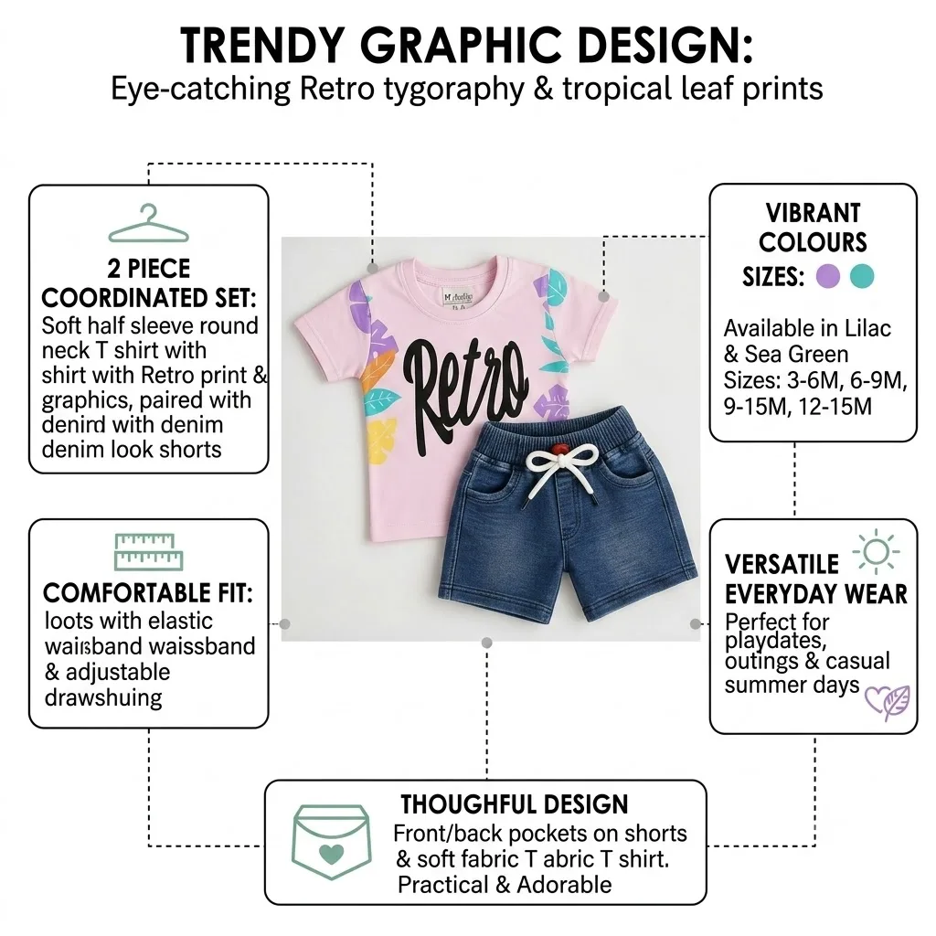 Joy Kids Baby Girls Retro Print T-Shirt and Denim Shorts Set, Lilac/Sea Green, 2-Piece Summer Outfit