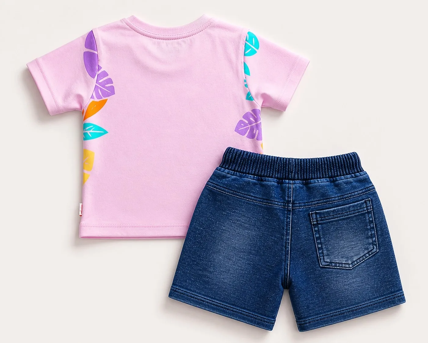 Joy Kids Baby Girls Retro Print T-Shirt and Denim Shorts Set, Lilac/Sea Green, 2-Piece Summer Outfit