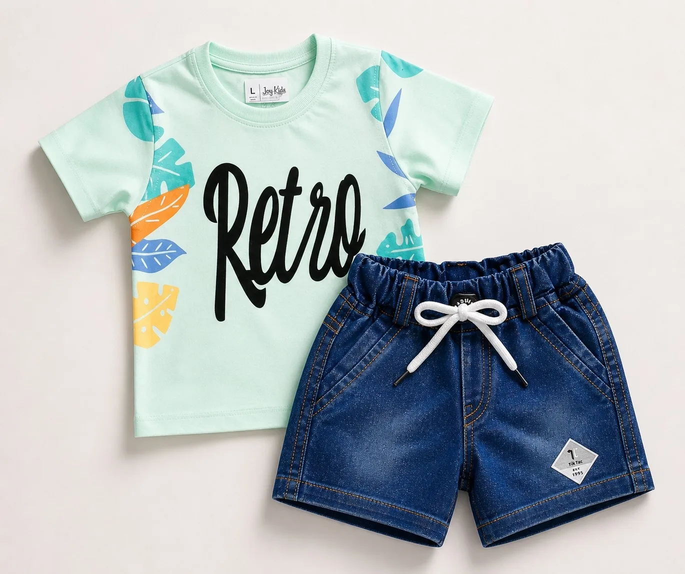 Joy Kids Baby Girls Retro Print T-Shirt and Denim Shorts Set, Lilac/Sea Green, 2-Piece Summer Outfit