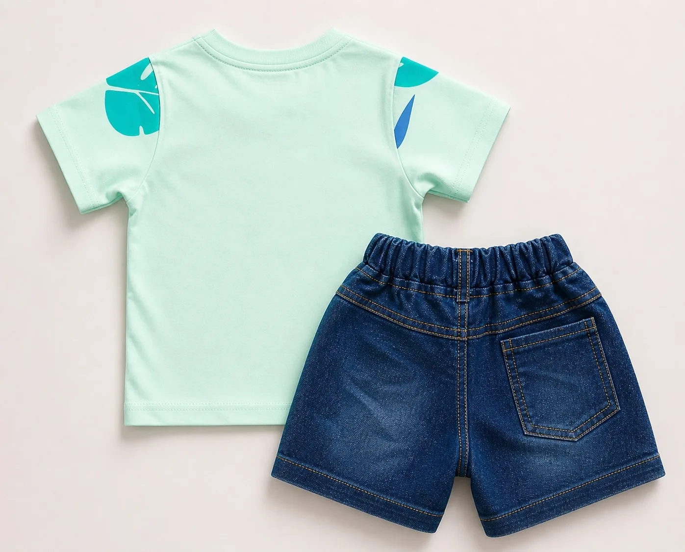 Joy Kids Baby Girls Retro Print T-Shirt and Denim Shorts Set, Lilac/Sea Green, 2-Piece Summer Outfit