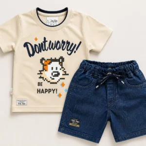 Joy Kids Boys T-Shirt and Denim Shorts Set, Sea Green and Mob Beige, Cartoon Print, Elastic Waist