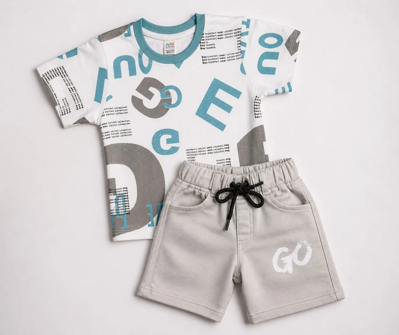 Joy Kids Boys 2-Piece Summer Outfit Set, Alphabet Graphic Print T-Shirt with Shorts, Turquoise Blue and Tomato Red