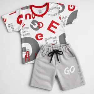 Joy Kids Boys 2-Piece Summer Outfit Set, Alphabet Graphic Print T-Shirt with Shorts, Turquoise Blue and Tomato Red