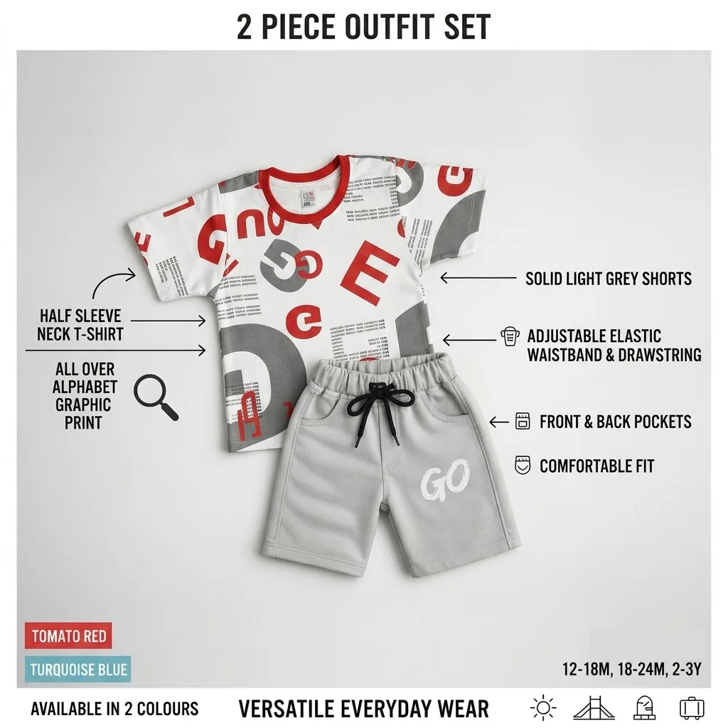 Joy Kids Boys 2-Piece Summer Outfit Set, Alphabet Graphic Print T-Shirt with Shorts, Turquoise Blue and Tomato Red