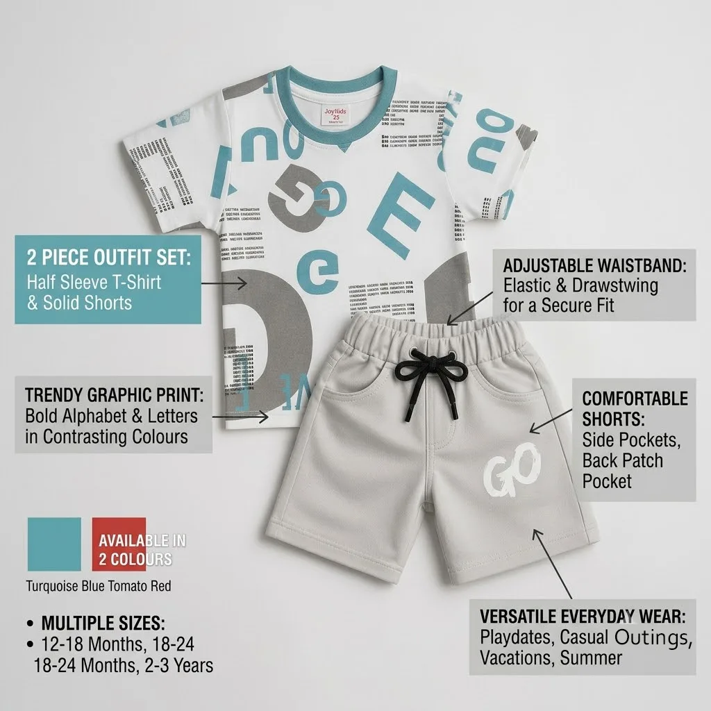 Joy Kids Boys 2-Piece Summer Outfit Set, Alphabet Graphic Print T-Shirt with Shorts, Turquoise Blue and Tomato Red