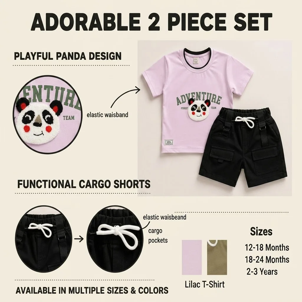 Joy Kids Adventure Panda 2-Piece Set, Half-Sleeve T-Shirt with 3D Applique and Cargo Shorts, Toddler Boys, Lilac/Khaki