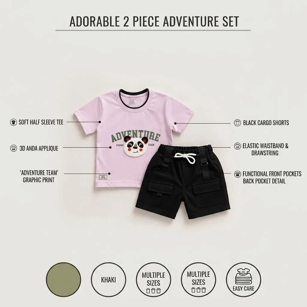Joy Kids Adventure Panda 2-Piece Set, Half-Sleeve T-Shirt with 3D Applique and Cargo Shorts, Toddler Boys, Lilac/Khaki