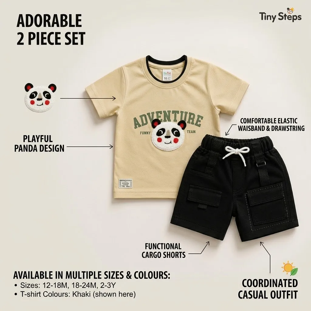 Joy Kids Adventure Panda 2-Piece Set, Half-Sleeve T-Shirt with 3D Applique and Cargo Shorts, Toddler Boys, Lilac/Khaki