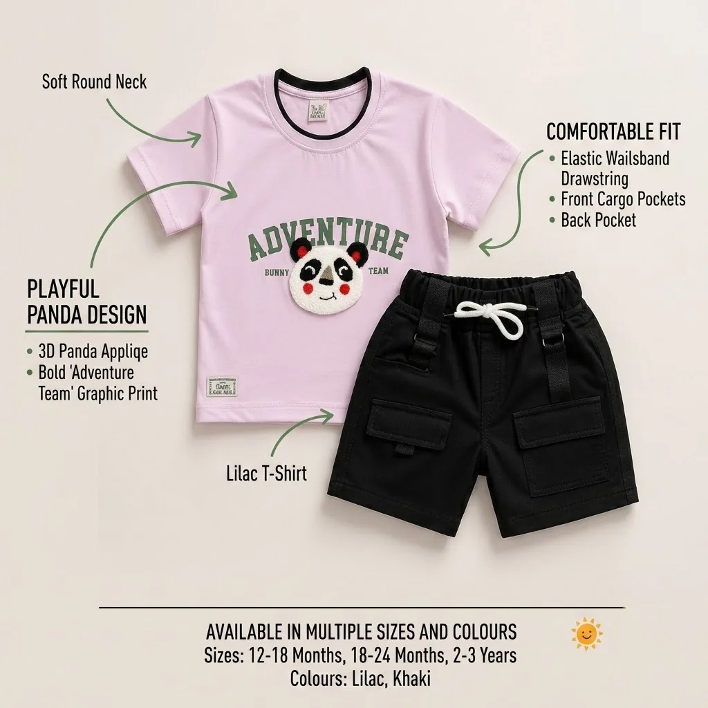 Joy Kids Adventure Panda 2-Piece Set, Half-Sleeve T-Shirt with 3D Applique and Cargo Shorts, Toddler Boys, Lilac/Khaki