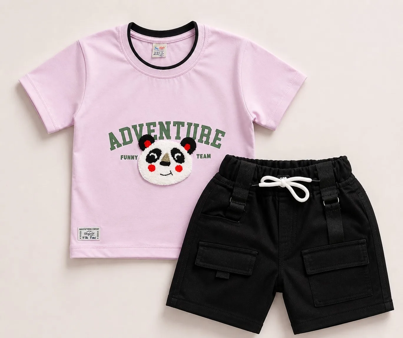 Joy Kids Adventure Panda 2-Piece Set, Half-Sleeve T-Shirt with 3D Applique and Cargo Shorts, Toddler Boys, Lilac/Khaki
