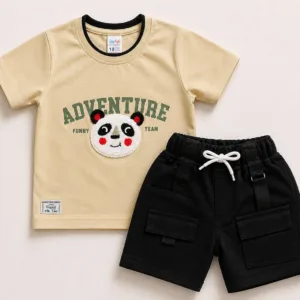 Joy Kids Adventure Panda 2-Piece Set, Half-Sleeve T-Shirt with 3D Applique and Cargo Shorts, Toddler Boys, Lilac/Khaki