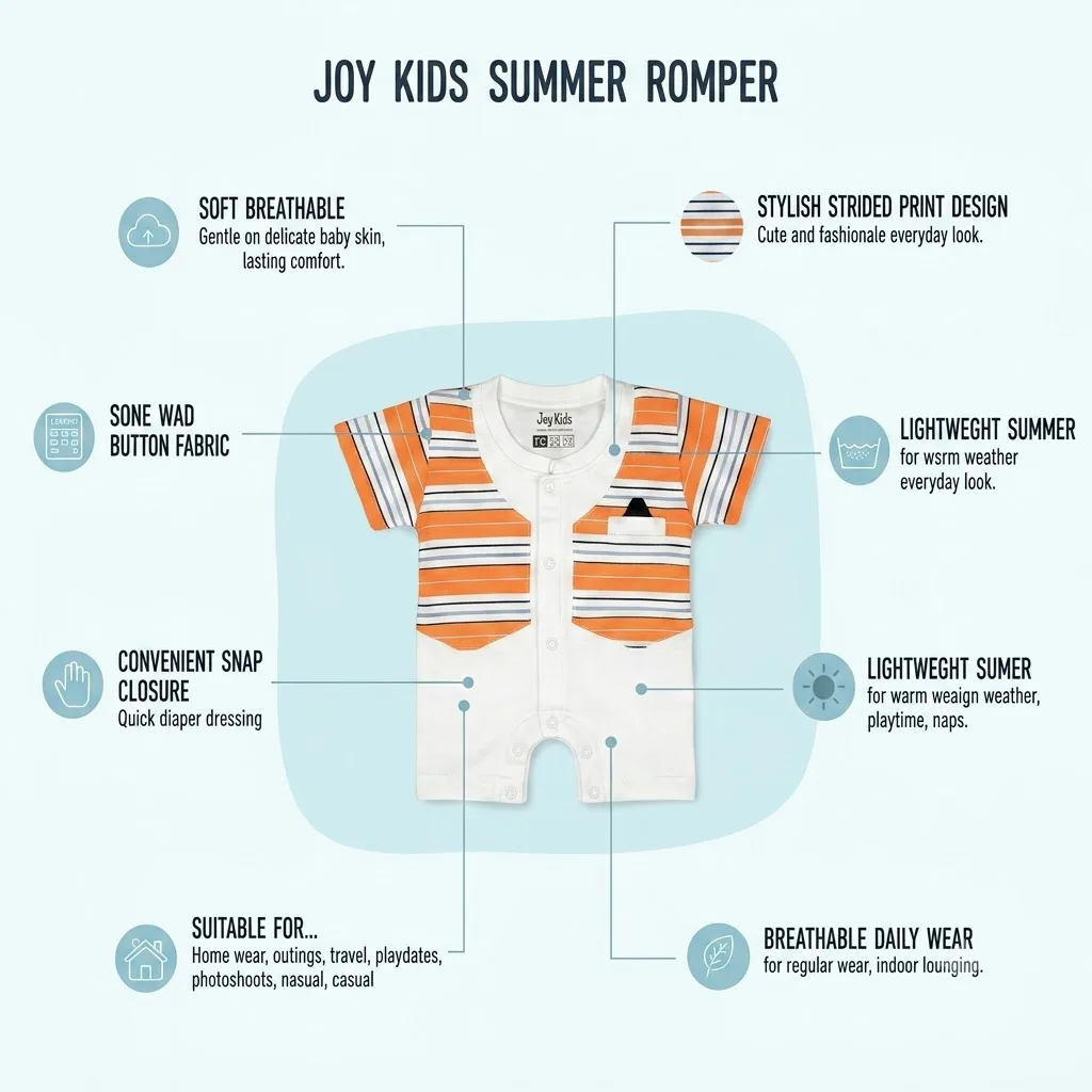 Joy Kids Baby Romper, Striped Print, Soft Cotton Short Sleeve Onesie with Snap Button Closure, Comfortable Casual Wear for Infants & Toddlers, Blue & Orange