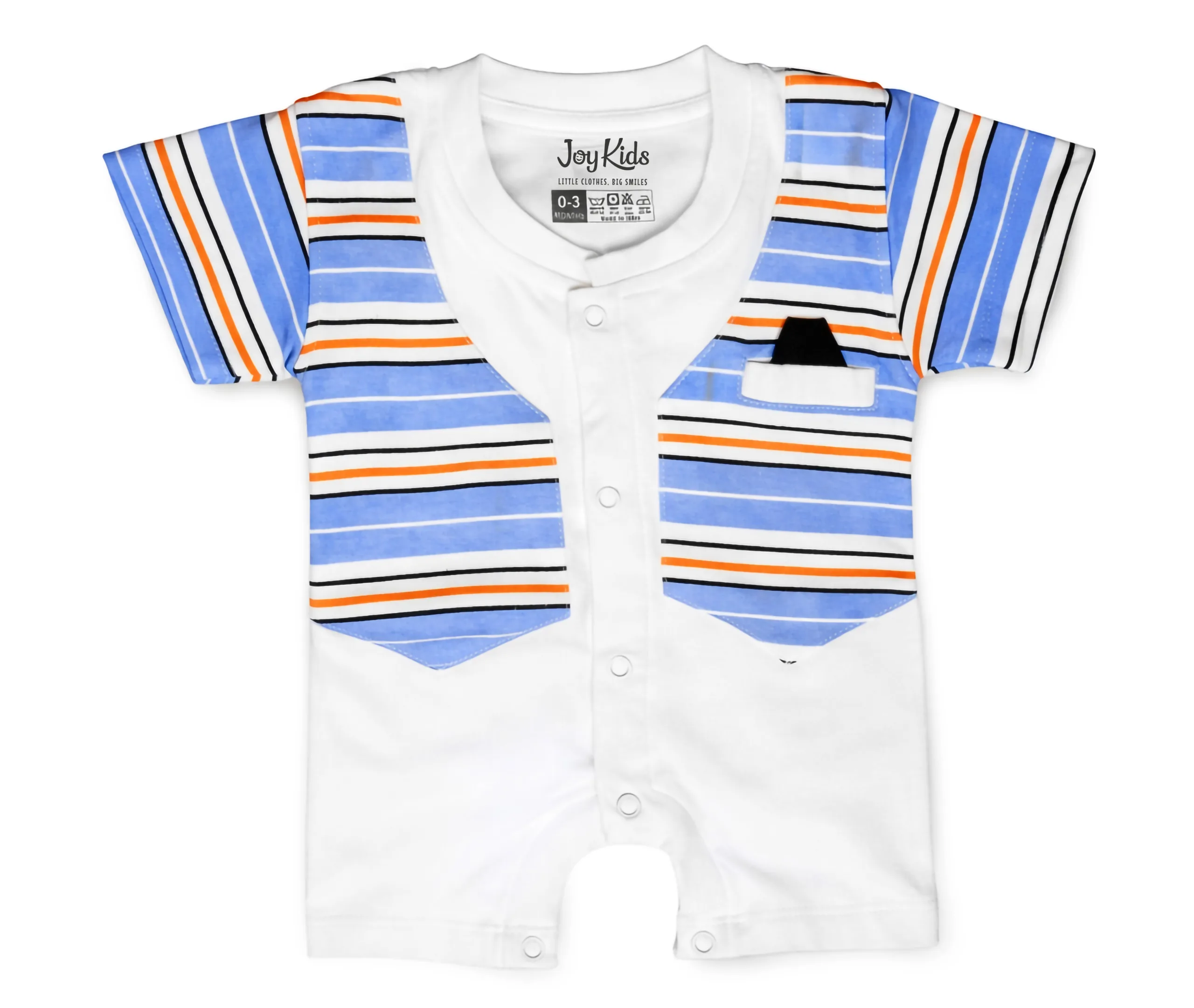 Joy Kids Baby Romper, Striped Print, Soft Cotton Short Sleeve Onesie with Snap Button Closure, Comfortable Casual Wear for Infants & Toddlers, Blue & Orange