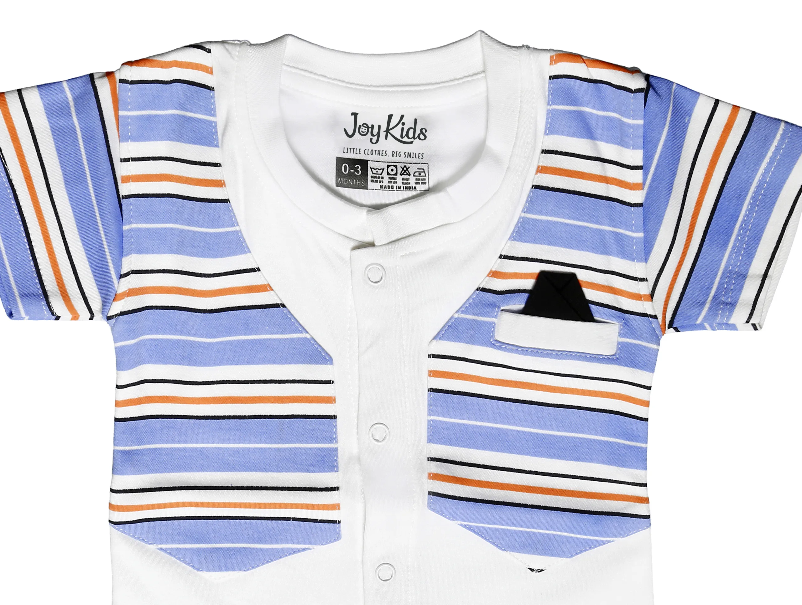 Joy Kids Baby Romper, Striped Print, Soft Cotton Short Sleeve Onesie with Snap Button Closure, Comfortable Casual Wear for Infants & Toddlers, Blue & Orange