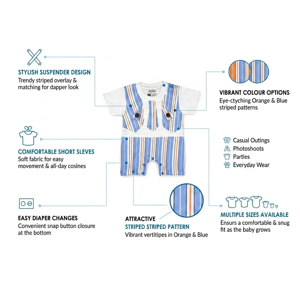 Joy Kids Baby Romper, Striped Print, Soft Cotton Short Sleeve Onesie with Snap Button Closure, Comfortable Casual Wear for Infants & Toddlers, Blue & Orange