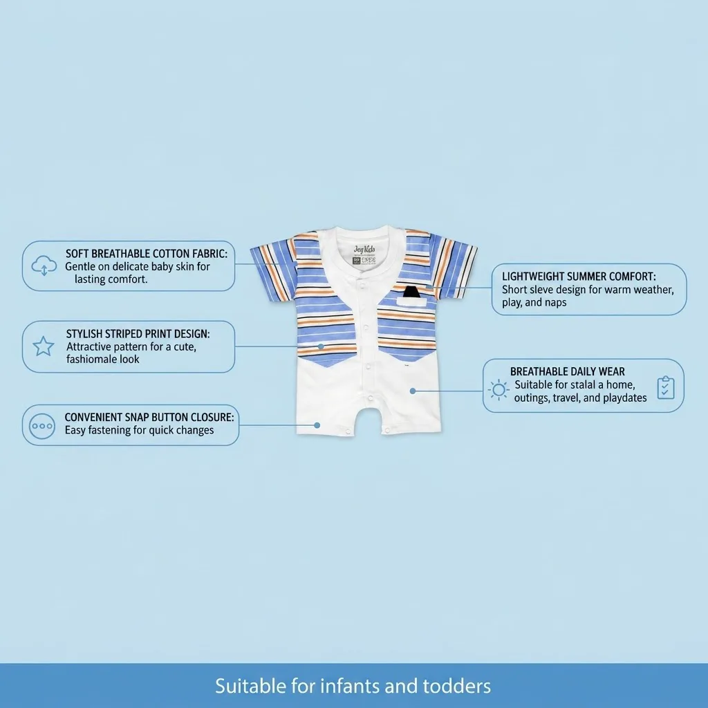 Joy Kids Baby Romper, Striped Print, Soft Cotton Short Sleeve Onesie with Snap Button Closure, Comfortable Casual Wear for Infants & Toddlers, Blue & Orange