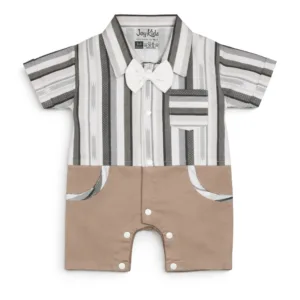 Joy Kids Baby Romper with Striped Pattern & Bow Detail, Soft Cotton Short Sleeve Onesie, Snap Button Closure, Comfortable Casual Wear for Babies, Light Lavender & Biscuit