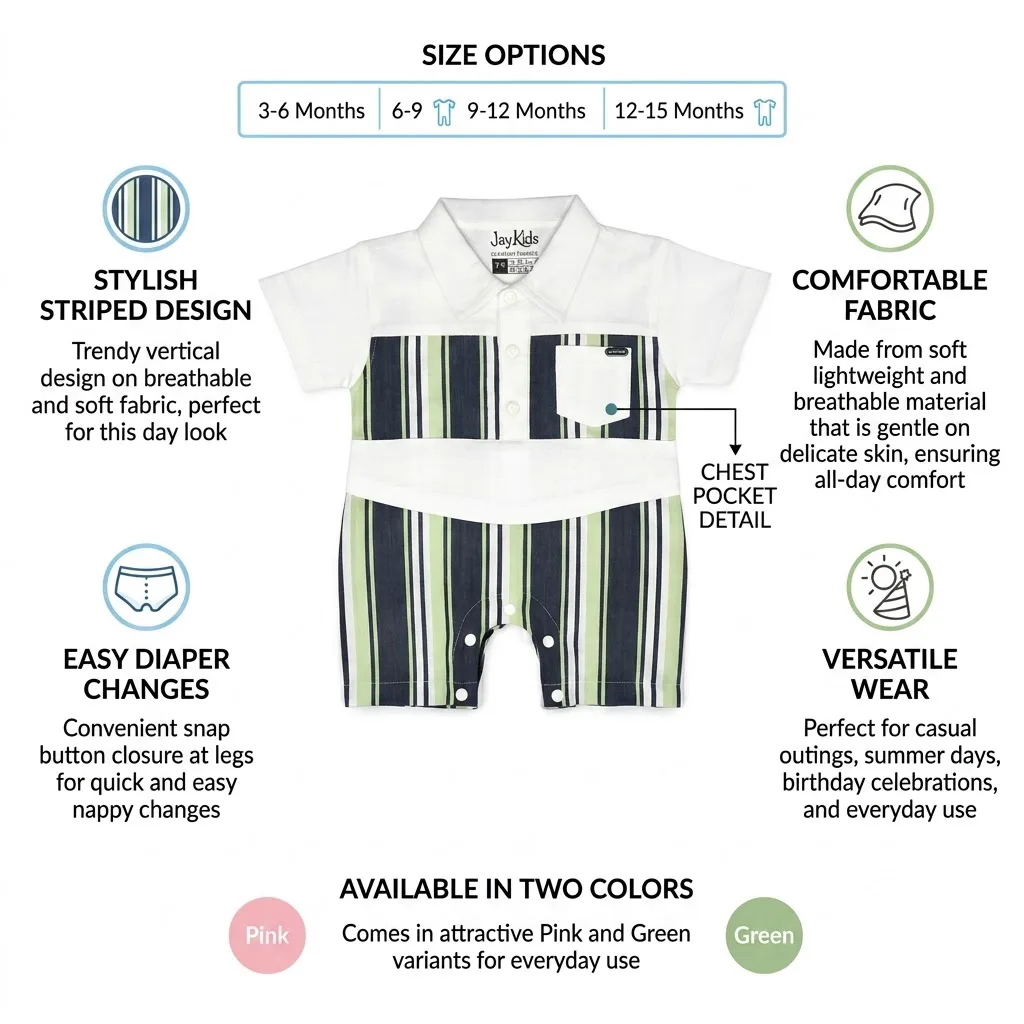 Joy Kids Baby Boys Striped Romper, Short Sleeve Collared Jumpsuit with Snap Button Closure, Soft Cotton Casual Summer Wear for Infants, Pink & Green