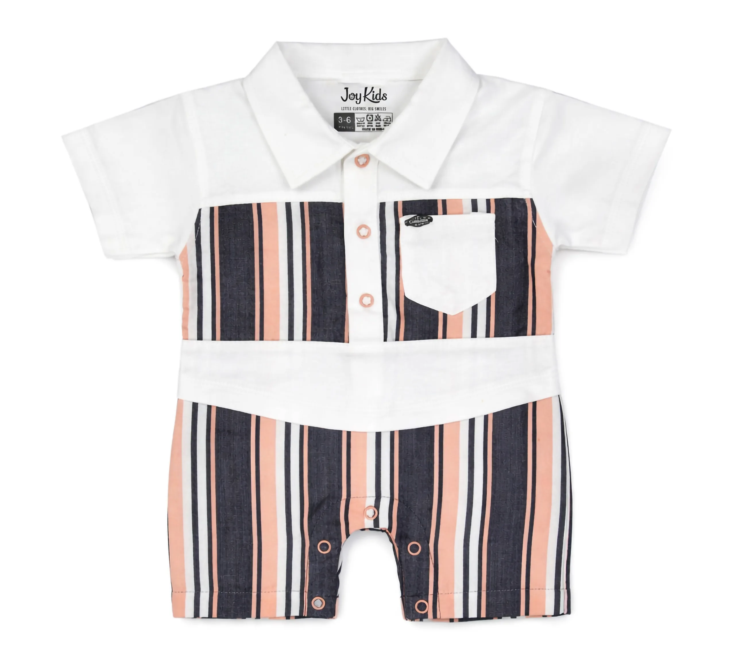 Joy Kids Baby Boys Striped Romper, Short Sleeve Collared Jumpsuit with Snap Button Closure, Soft Cotton Casual Summer Wear for Infants, Pink & Green