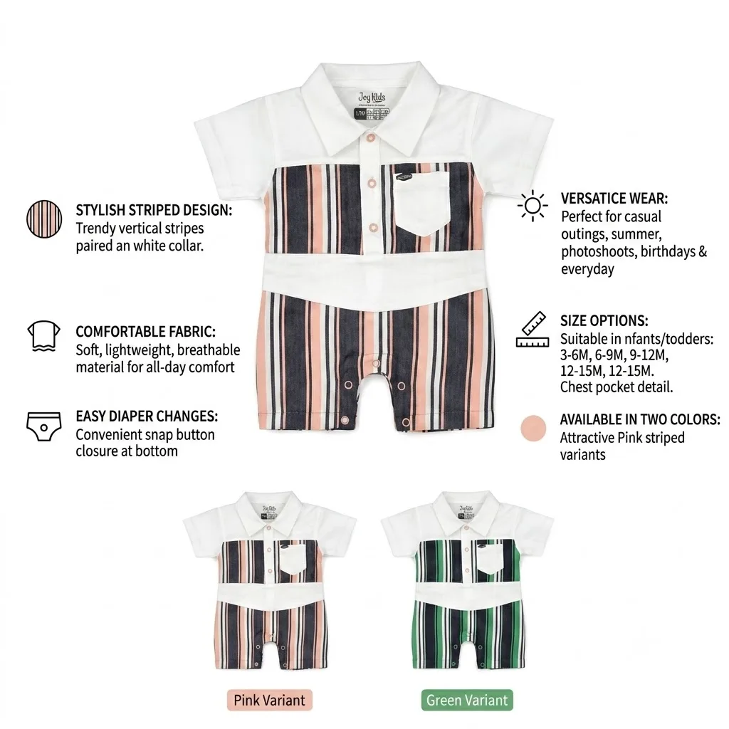Joy Kids Baby Boys Striped Romper, Short Sleeve Collared Jumpsuit with Snap Button Closure, Soft Cotton Casual Summer Wear for Infants, Pink & Green