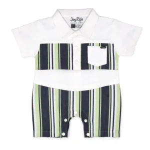Joy Kids Baby Boys Striped Romper, Short Sleeve Collared Jumpsuit with Snap Button Closure, Soft Cotton Casual Summer Wear for Infants, Pink & Green