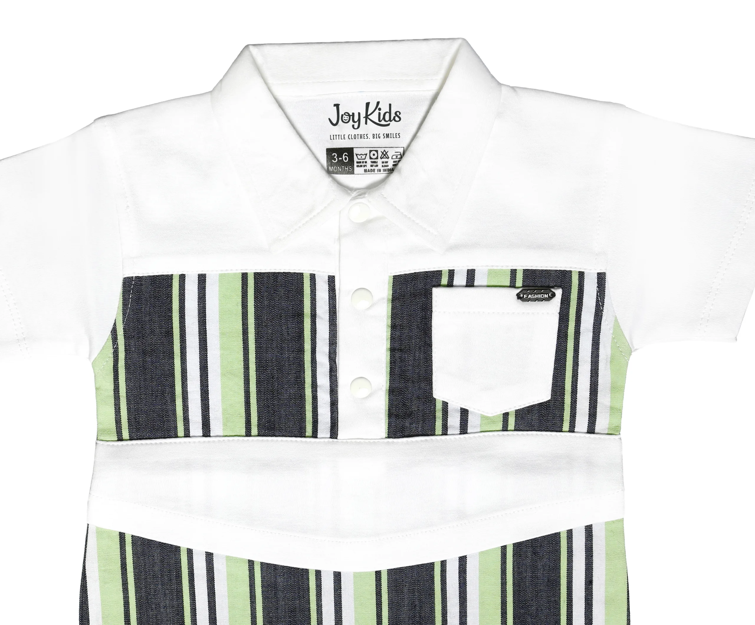 Joy Kids Baby Boys Striped Romper, Short Sleeve Collared Jumpsuit with Snap Button Closure, Soft Cotton Casual Summer Wear for Infants, Pink & Green