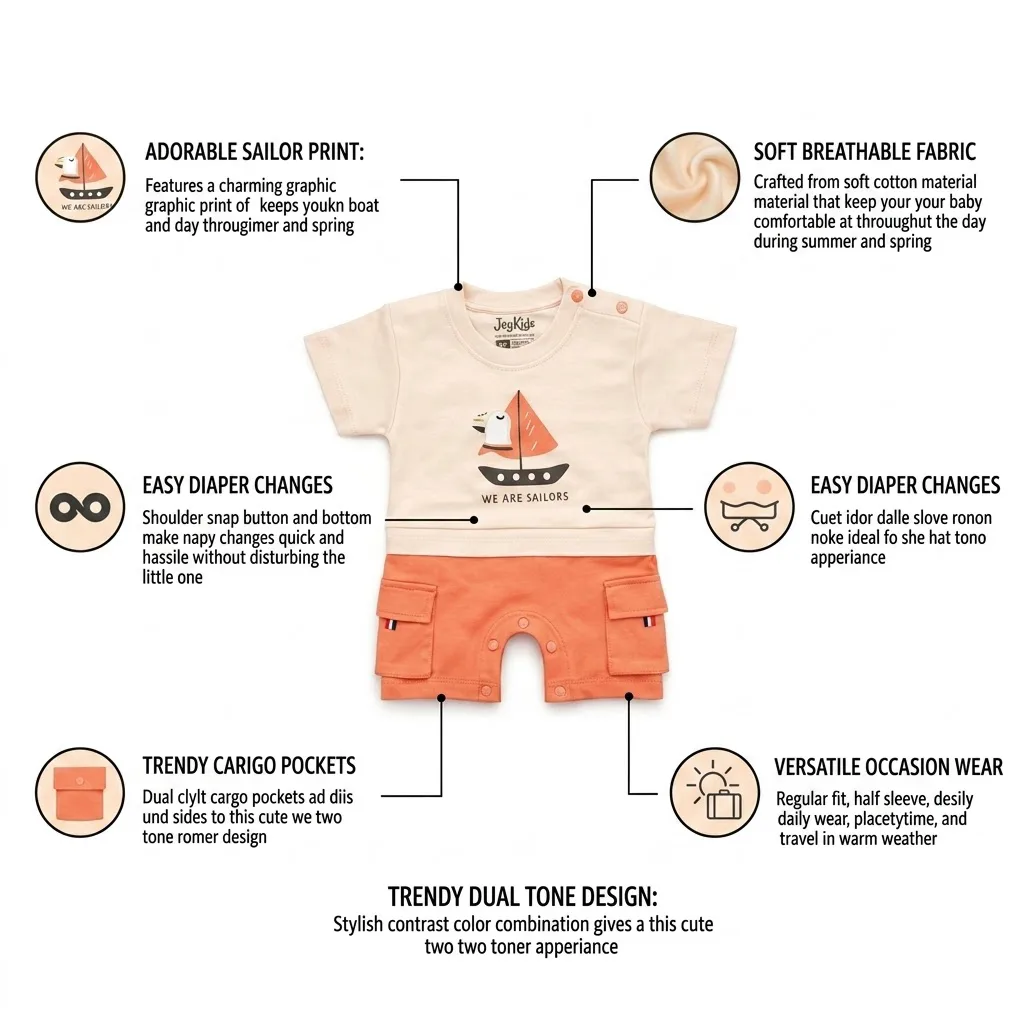 Joy Kids Baby Romper, Sailor Graphic Print, Half Sleeve Cotton Jumpsuit with Cargo Pockets & Snap Button Closure, Soft Summer Casual Wear for Babies