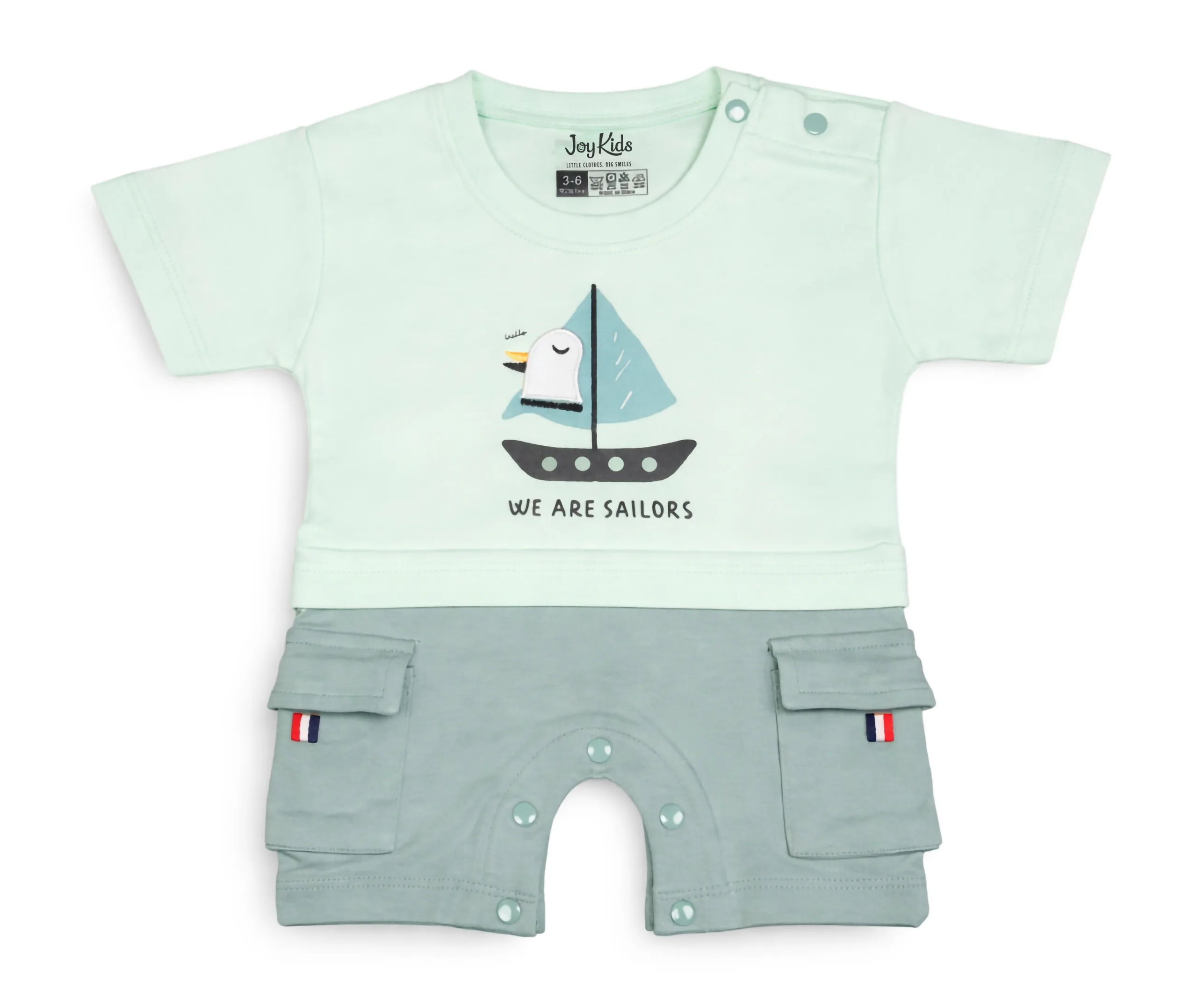 Joy Kids Baby Romper, Sailor Graphic Print, Half Sleeve Cotton Jumpsuit with Cargo Pockets & Snap Button Closure, Soft Summer Casual Wear for Babies